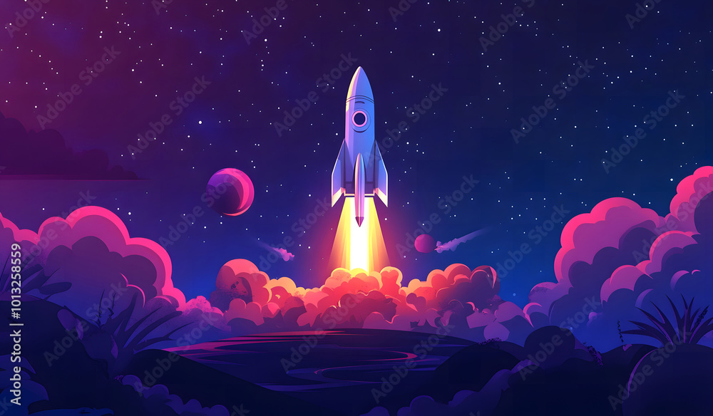 Cartoon rocket goes fly up launch. Space galaxy adventure travel landscape view. cartoons design Cartoon rocket goes fly up launch. Space galaxy adventure travel landscape view. cartoons design