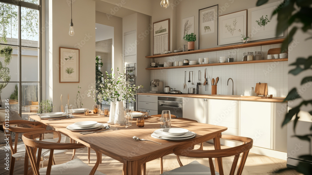 A modern kitchen with wooden dining table set for meal, featuring elegant decor and natural light streaming in. space is inviting and stylish, perfect for gatherings A modern kitchen with wooden dining table set for meal, featuring elegant decor and natural light streaming in. space is inviting and stylish, perfect for gatherings