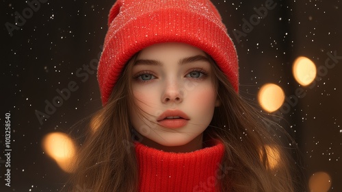 A close-up portrait of a young woman wearing a bright red beanie and sweater, surrounded by softly falling snowflakes against a dark background.