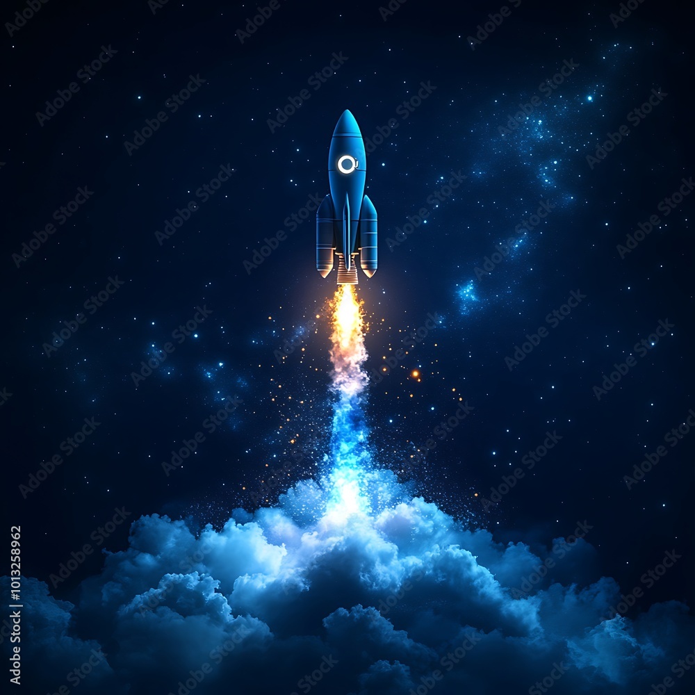 Fototapeta premium A space rocket in wireframe, floating on dark blue empty background.