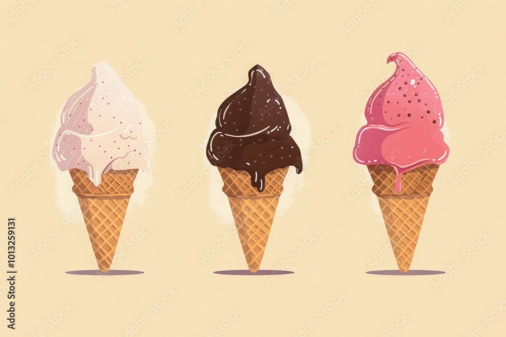 Three ice cream cones with vanilla, chocolate, and strawberry flavors on a light beige background. Cartoon illustration style. Dessert and summer treat concept for design and print. Generative AI Three ice cream cones with vanilla, chocolate, and strawberry flavors on a light beige background. Cartoon illustration style. Dessert and summer treat concept for design and print. Generative AI