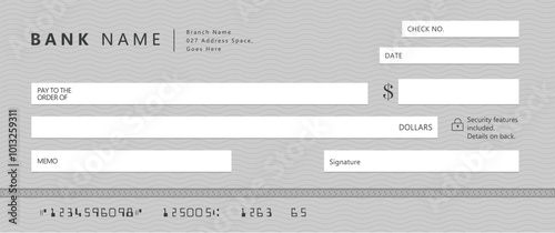 Bank check, vector blank money cheque, checkbook template with guilloche pattern and fields. Currency payment coupon, money check background
