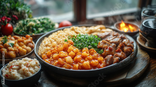 Bhutanese Traditional Meal: Bhutanese red rice, ema datshi, and pork, shared by family in a cozy, traditional setting with festive decor photo