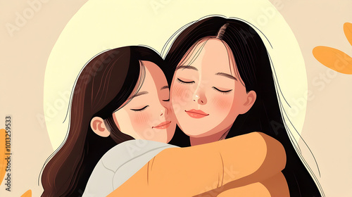 warm illustration of two women embracing, showcasing love and connection. soft colors and gentle expressions evoke sense of comfort and joy