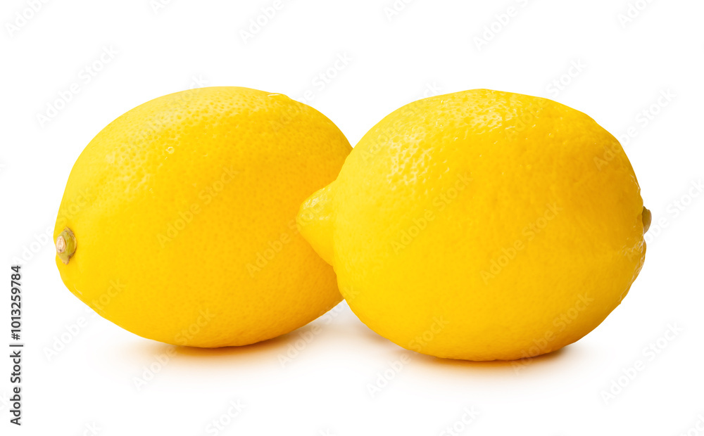 Side view of two fresh ripe yellow lemon fruits in stack isolated on white background with clipping path Side view of two fresh ripe yellow lemon fruits in stack isolated on white background with clipping path