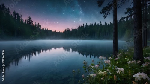 Misty morning in a mystical forest beside a tranquil lake, showcasing thick fog that envelops the woods and enhances the serene, nature-inspired ambiance