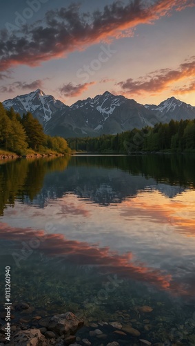 Tranquil sunset by a lake with mountains in the background.