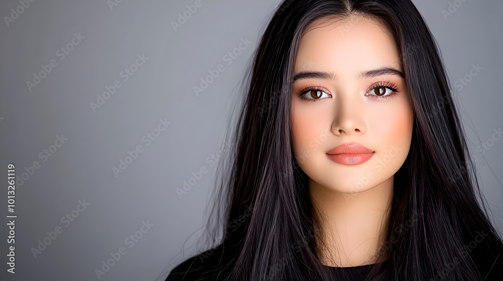 young woman with long, dark hair and natural makeup look, exuding confidence and poise against neutral background young woman with long, dark hair and natural makeup look, exuding confidence and poise against neutral background