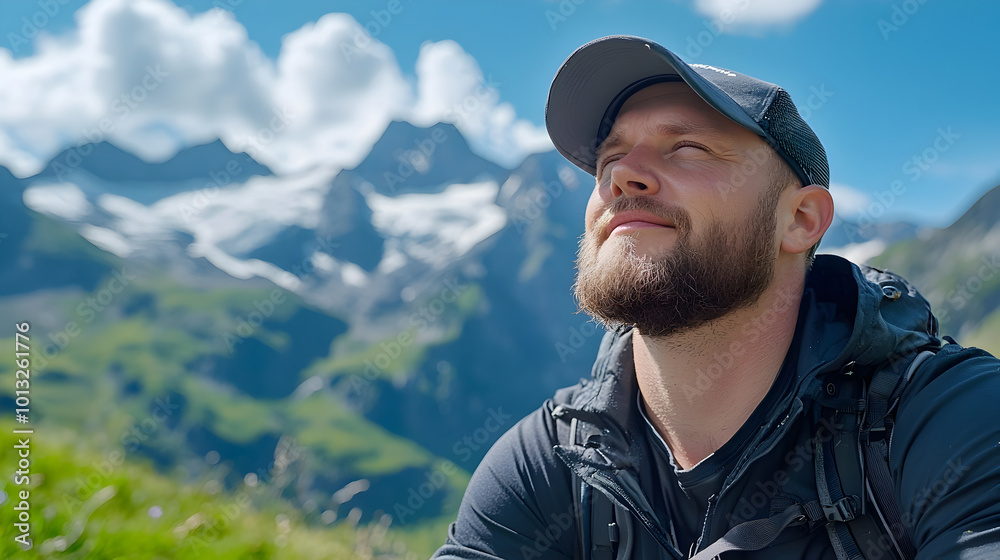 man enjoys serene beauty of nature, basking in sunlight with backdrop of majestic mountains and clear blue skies. His expression reflects peace and contentment man enjoys serene beauty of nature, basking in sunlight with backdrop of majestic mountains and clear blue skies. His expression reflects peace and contentment