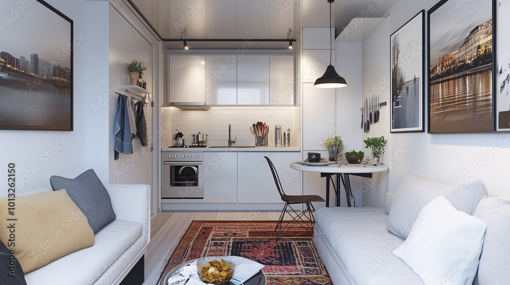Fototapeta premium Open-plan studio apartment featuring a compact, modern kitchen with white cabinetry and a small table. The living area has a clean-lined sofa and a rug with minimal decor