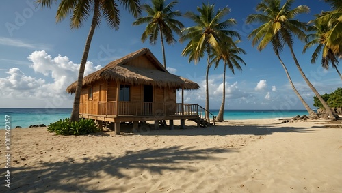 Tropical island scene with beach, palm trees, and a hut.