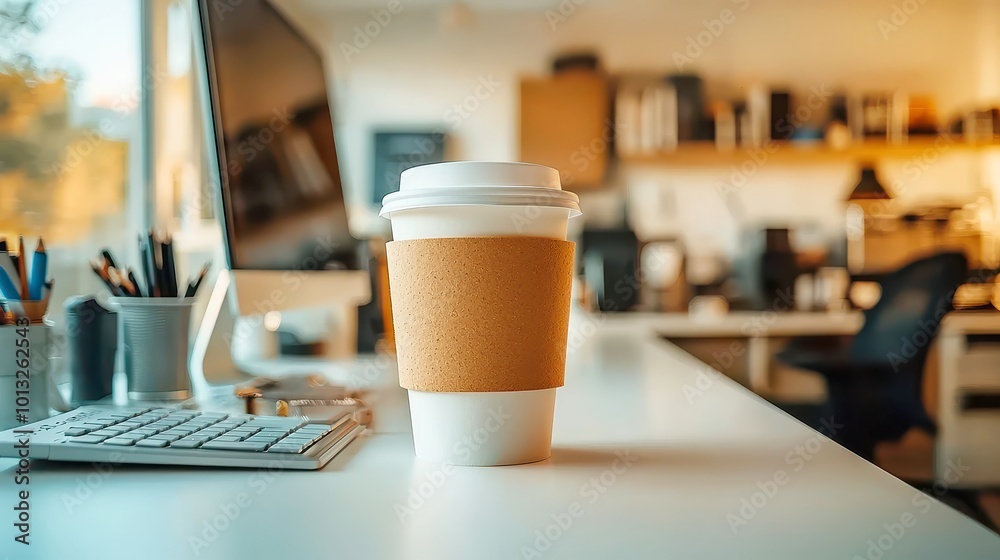 Office workspace, close-up of a white desk featuring a computer, office supplies, and a coffee cup, with a softly blurred background creating an inviting atmosphere. Office workspace, close-up of a white desk featuring a computer, office supplies, and a coffee cup, with a softly blurred background creating an inviting atmosphere.