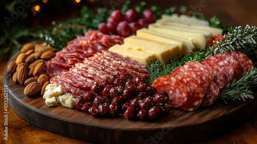 Delicious platter of charcuterie with cheeses, meats, nuts, and holiday-themed garnishes photo