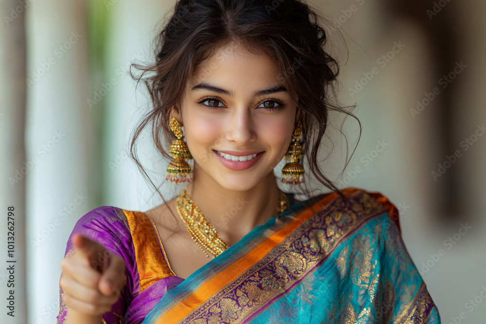 A young Indian woman in traditional attire smiling and pointing towards ...