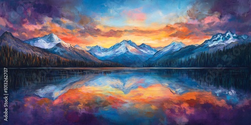 A colorful painting of a mountain range with a lake in front and a sunset sky above.