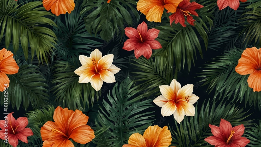 Tropical summer design with palm leaves and flowers. Tropical summer design with palm leaves and flowers.