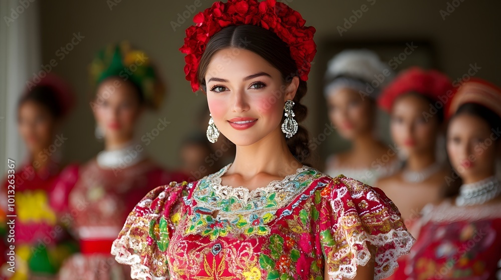 Fototapeta premium Diverse group of models posing in front of iconic landmarks from different countries, celebrating global cultures and inclusivity
