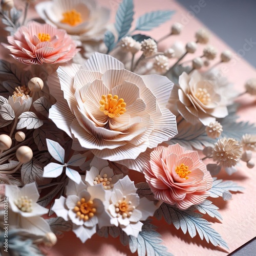 Intricate Origami Paper Flowers in Pastel Tones, Featuring Dahlias and Roses with Detailed Petals and Green Leaves