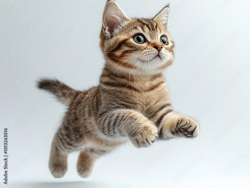 an energetic american shorthair cat leaps gracefully against a pure white background its playful spirit captured in a moment of joy and movement an energetic american shorthair cat leaps gracefully against a pure white background its playful spirit captured in a moment of joy and movement