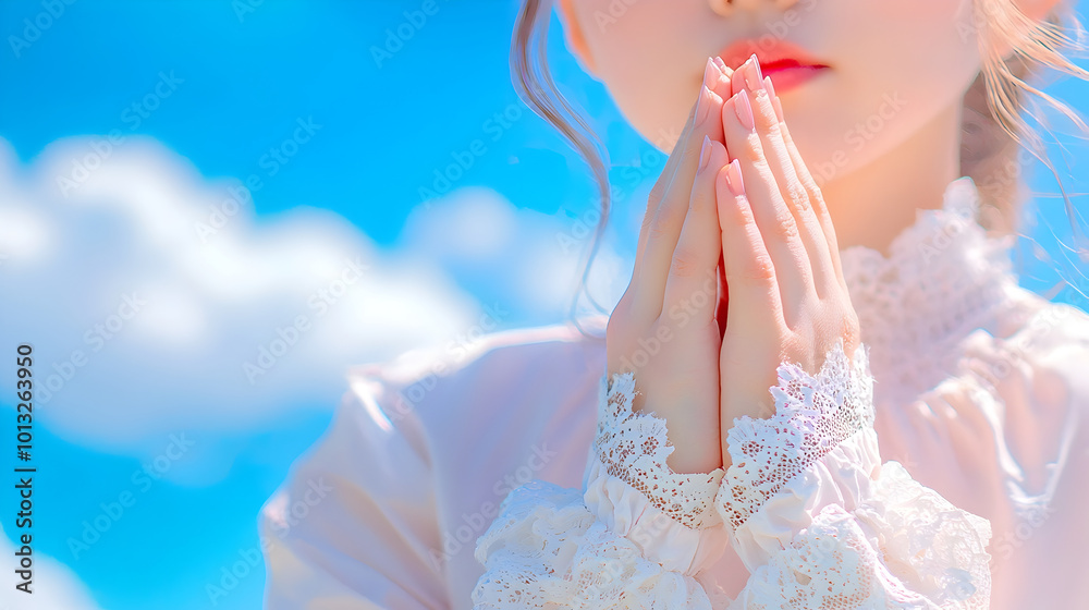 serene moment captured with young woman in delicate lace blouse, hands clasped in prayer against bright blue sky with fluffy clouds, evoking sense of peace and hope serene moment captured with young woman in delicate lace blouse, hands clasped in prayer against bright blue sky with fluffy clouds, evoking sense of peace and hope
