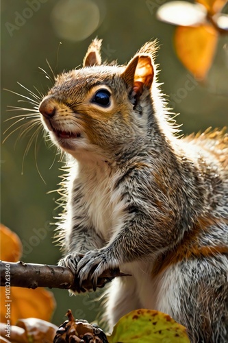 Closeup of a Young wild squirrel resting on a tree branch in an alert pose as if hearing a sound, in a natural autumn scene with soft light and orange leaves in the background - wildlife photography