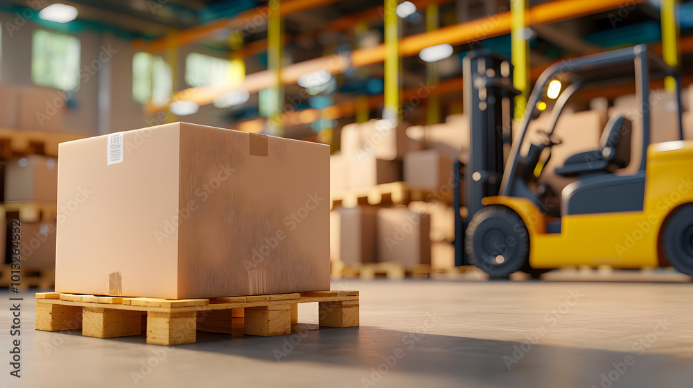 cardboard box on wooden pallet in warehouse, with forklift in background, symbolizes efficient logistics and storage solutions cardboard box on wooden pallet in warehouse, with forklift in background, symbolizes efficient logistics and storage solutions