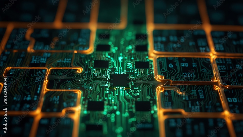 Two puzzle pieces glowing on a circuit board. Two puzzle pieces glowing on a circuit board.