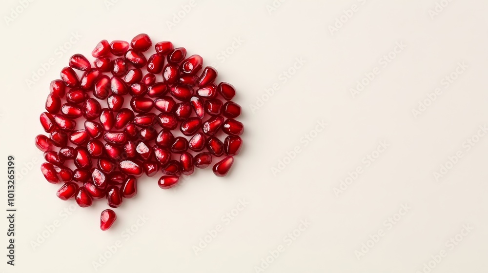 Pomegranate Seeds Shaped Like a Brain, Vibrant red seeds symbolizing antioxidants and cognitive health, a creative representation of brain-boosting benefits Pomegranate Seeds Shaped Like a Brain, Vibrant red seeds symbolizing antioxidants and cognitive health, a creative representation of brain-boosting benefits