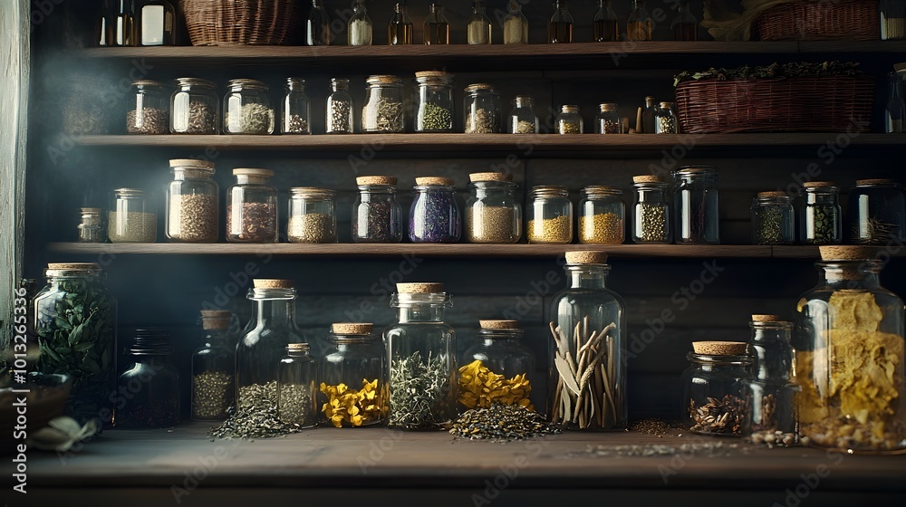 Rustic Apothecary Shelves Showcasing Jars of Dried Herbs Oils and Tinctures for Natural Healing Rustic Apothecary Shelves Showcasing Jars of Dried Herbs Oils and Tinctures for Natural Healing