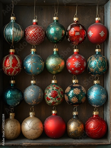 Vintage Christmas ornaments on wooden shelf