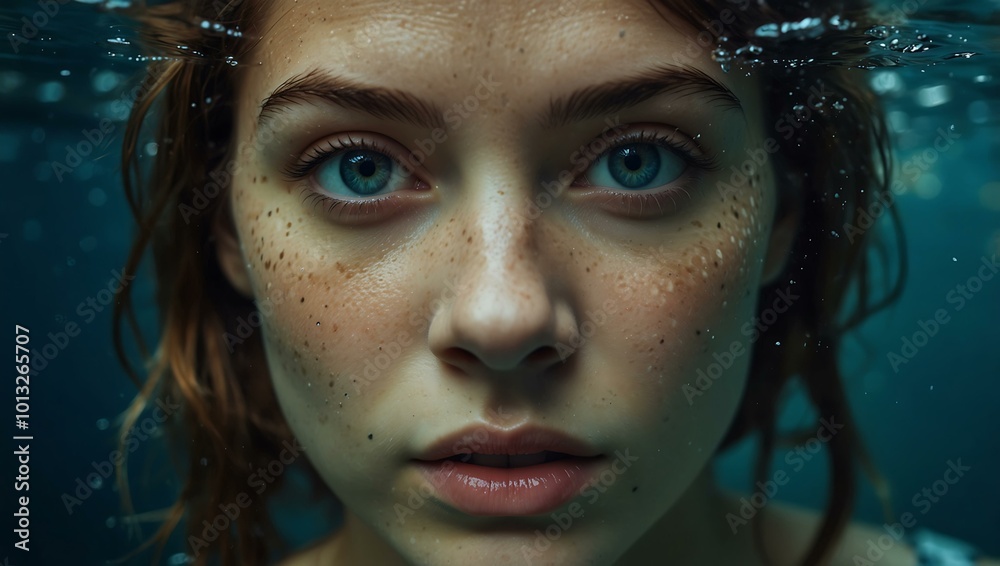 Underwater portrait of a woman with captivating eyes. Underwater portrait of a woman with captivating eyes.