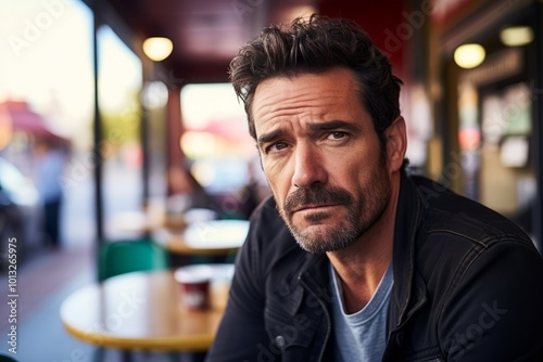 Portrait of a handsome middle-aged man in a street cafe.