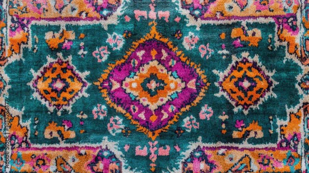 vibrant Bohemian carpet featuring ethnic patterns in bright, contrasting colors like teal, orange, and pink, set on a clean white background vibrant Bohemian carpet featuring ethnic patterns in bright, contrasting colors like teal, orange, and pink, set on a clean white background