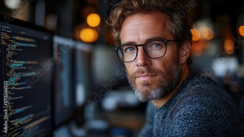 professional it specialist deeply focused on writing code in a sleek hightech workspace with multiple screens displaying complex networks and codes embodying the essence of technology