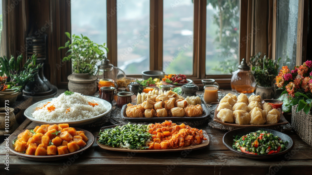 Myanmarese New Year Celebration: Myanmar feast with mohinga, lahpet thoke, and tea, served in a cozy gathering to celebrate the New Year Myanmarese New Year Celebration: Myanmar feast with mohinga, lahpet thoke, and tea, served in a cozy gathering to celebrate the New Year