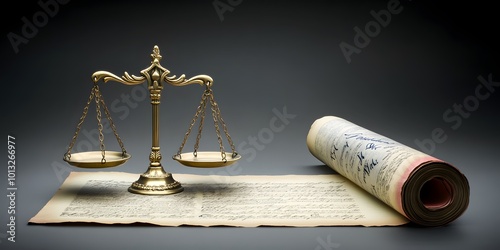 Justice scales with Constitution, plain background. Legal Services Day