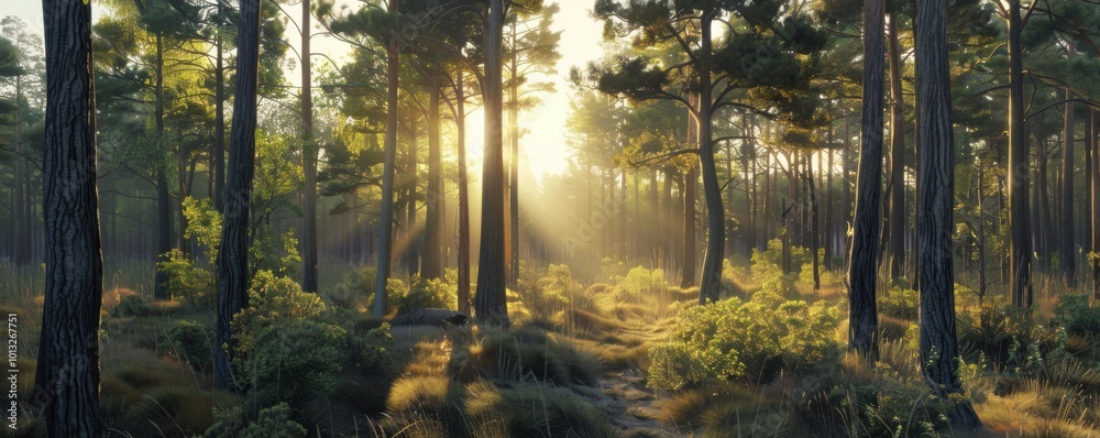 Obraz premium Sun-dappled forest with tall, slender trees, 4K hyperrealistic photo,