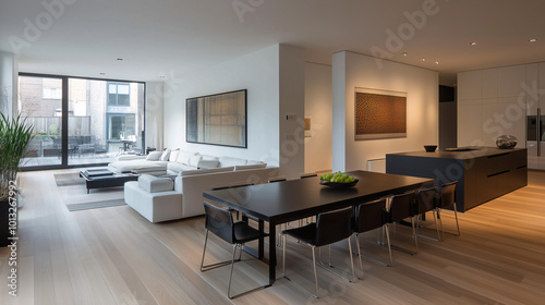 Sleek, open-plan living and dining area featuring minimalist decor. A black dining table with simple chairs, white sectional couch, and wooden floors. Simple, airy design