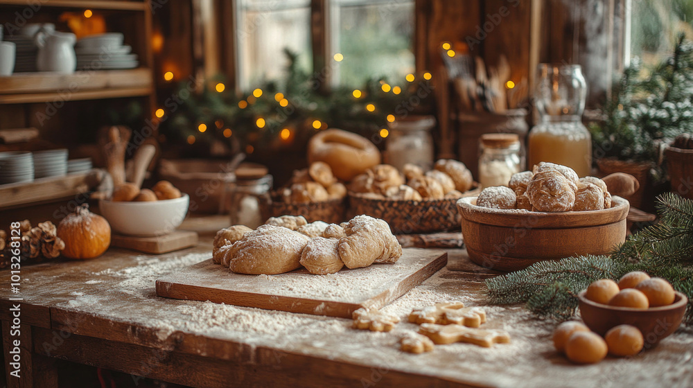 Fototapeta premium Rustic holiday kitchen with flour dusted countertops, gingerbread dough, and pine decorations
