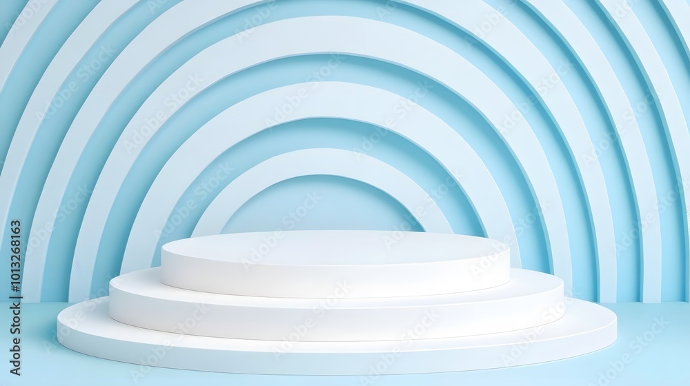 Obraz premium A minimalistic setup featuring layered circular platforms with a soft blue backdrop and gentle arching lines, creating a serene and modern aesthetic.