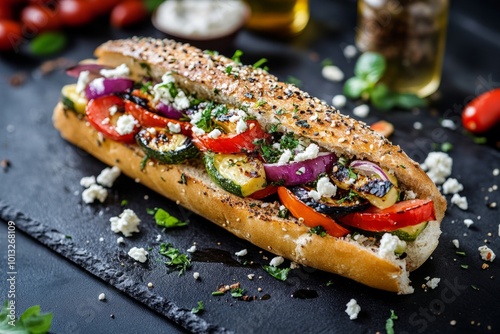 Delicious vegetarian sandwich loaded with fresh grilled vegetables. A perfect treat for healthy eating. Vibrant colors and textures make it appealing. Generative AI