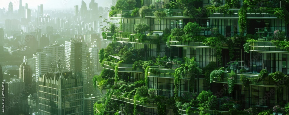 Obraz premium Green cityscape with vertical farms and sustainable design, 4K hyperrealistic photo