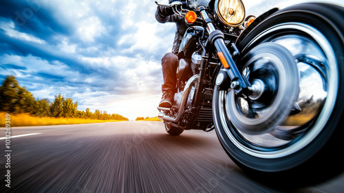 Motorcycle Rider on Open Road: A dynamic shot of a biker cruising down a scenic highway, capturing the thrill of the open road and the freedom of motorcycle riding. photo