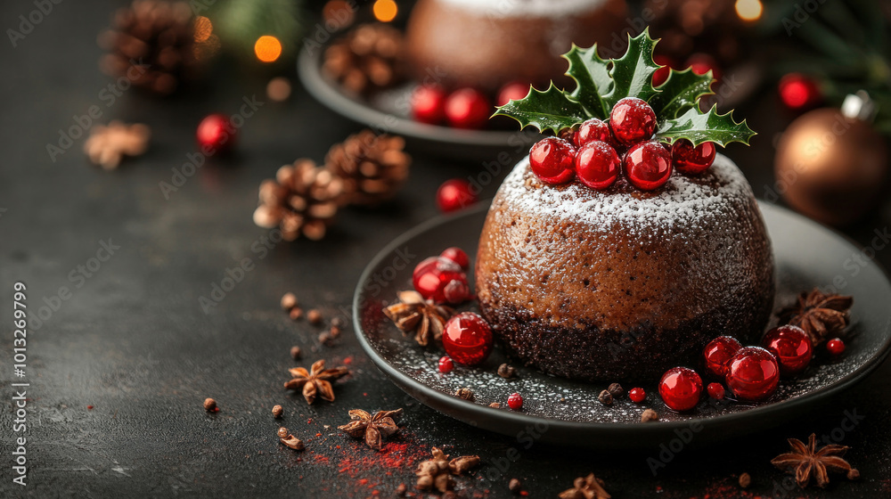 Traditional Christmas pudding topped with holly and powdered sugar on a dark rustic background Traditional Christmas pudding topped with holly and powdered sugar on a dark rustic background