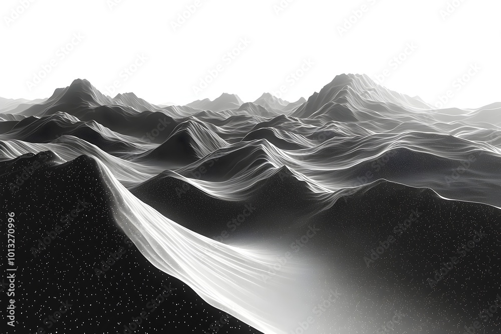 A black and white landscape of mountains. The peaks seem to stretch up to a white, hazy sky. A black and white landscape of mountains. The peaks seem to stretch up to a white, hazy sky.