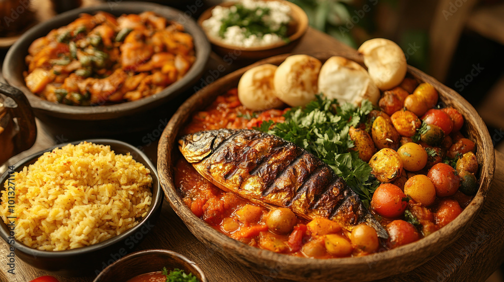 Zambian Festive Table: Zambian table with nshima, kapenta fish, and vegetables, served in a warm family holiday gathering Zambian Festive Table: Zambian table with nshima, kapenta fish, and vegetables, served in a warm family holiday gathering