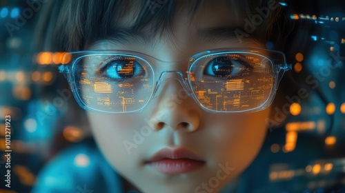 school student engaged with ai technology on a computer illuminated by holographic data displays representing the innovative intersection of education and smart tech in modern classrooms