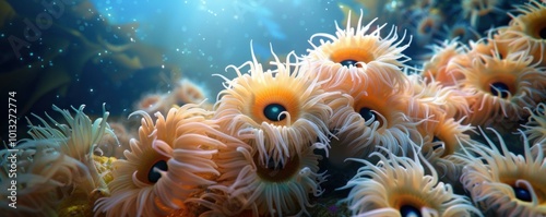 Sea anemones swaying gently with the current, 4K hyperrealistic photo