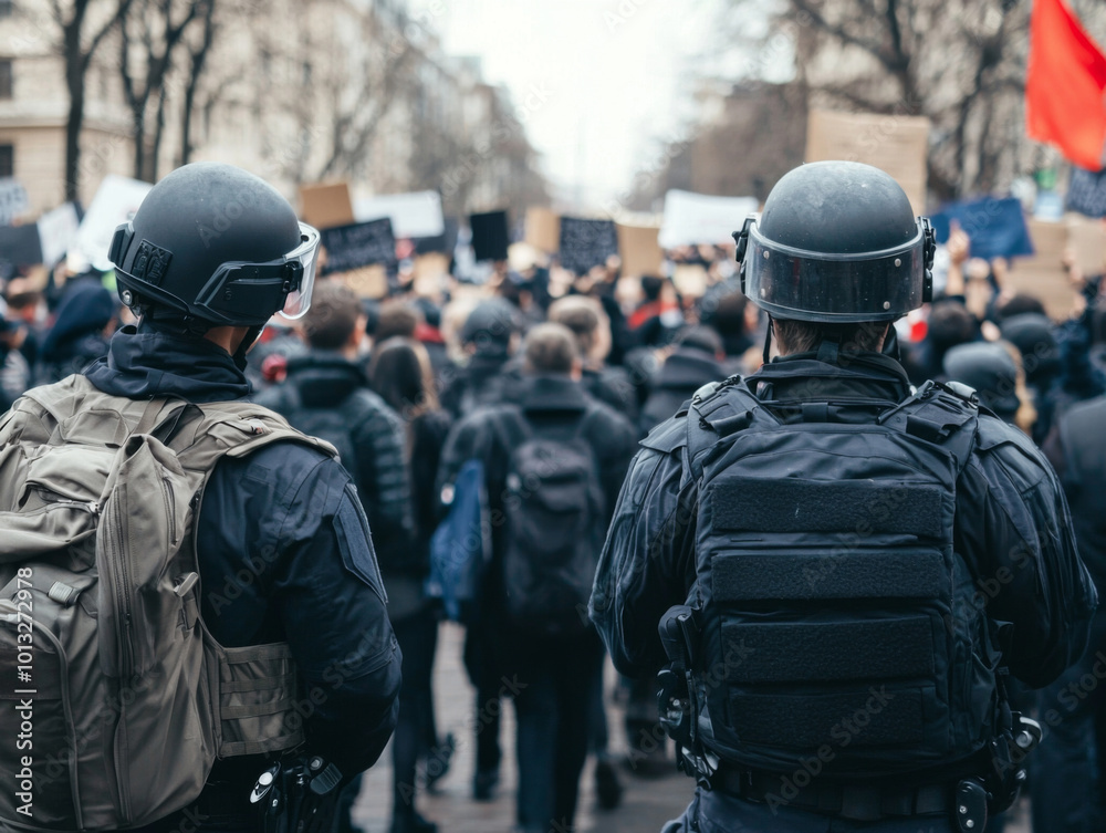 Two police officers stand in front of a crowd of protesters Two police officers stand in front of a crowd of protesters