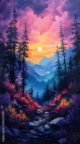 A vibrant sunset casts a warm glow over a lush forest, creating a magical atmosphere. The path ahead, lined with rocks, promises an enchanting journey.